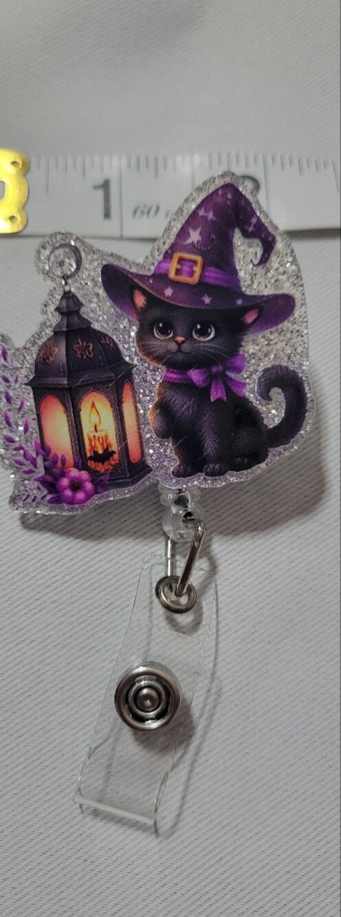 Purple Witch Hat Black Cat Badge Reel